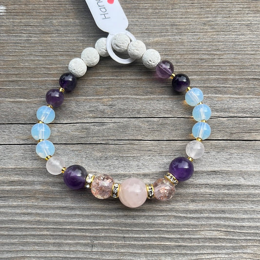 Rose Quartz, glow in the dark glass, Amethyst, Opalite and Lava Stone Crystal Bracelet - 6.5”