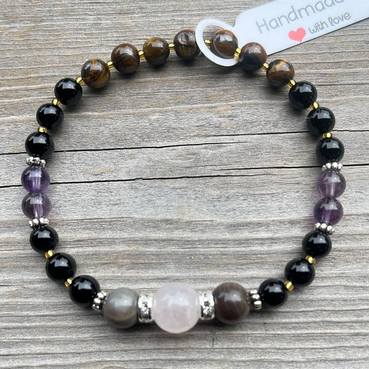 Rose Quartz, Opalite, Agate, Amethyst and Tiger Eye Crystal Bracelet - 7.5”