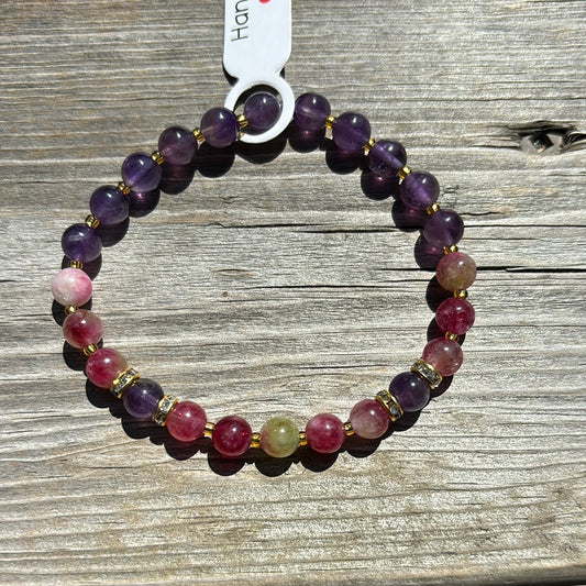 Watermelon tourmaline and amethyst crystal bracelet - 7”.