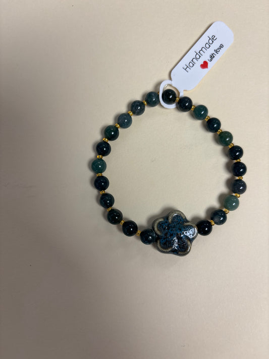 Moss agate crystal bracelet - 7”blueish green ceramic flower