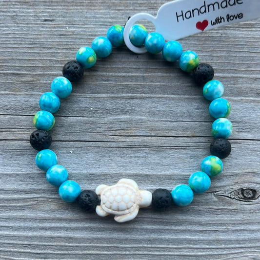 Ocean Jade and Lava Stone Crystal Bracelet - 7” turtle