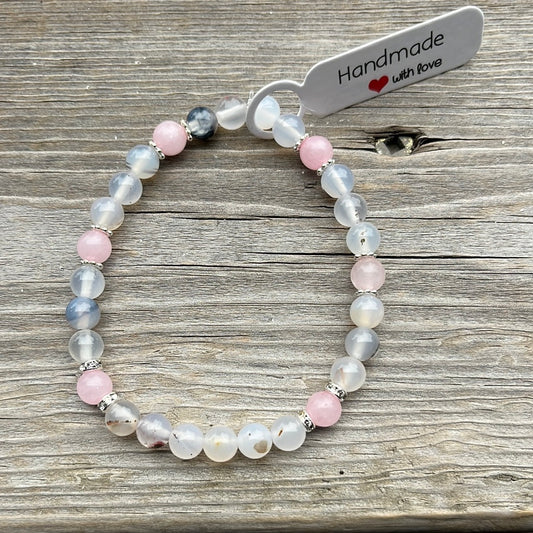 Scenic Agate and Rose Quartz Crystal Bracelet - 7”.