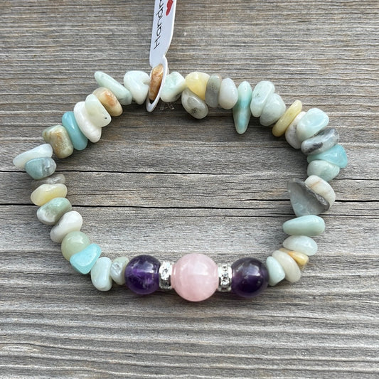 Rose Quartz, Amethyst and Amazonite Crystal Bracelet - 6 3/4.