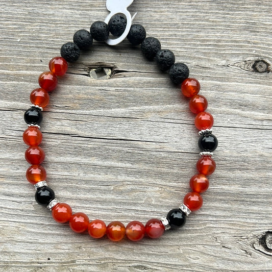 Red and black agate and lava stone crystal bracelet - 7.5”.