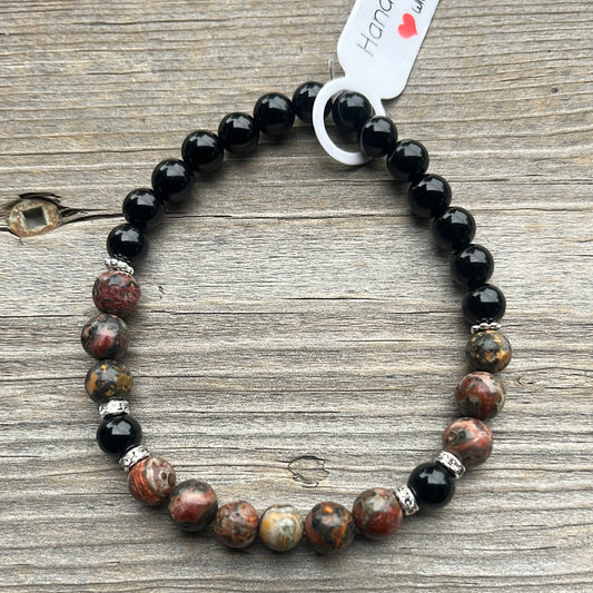 Leopard skin Jasper and black agate crystal bracelet - 7”.