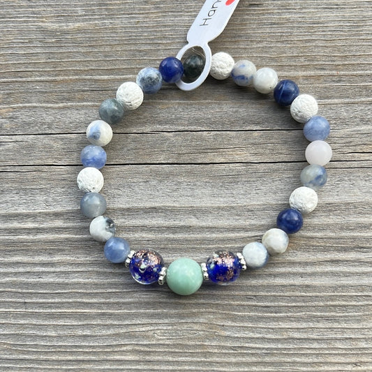 Amazonite, glow in dark glass, Sodalite and Lava Stone Crystal Bracelet - 6 3/4”.