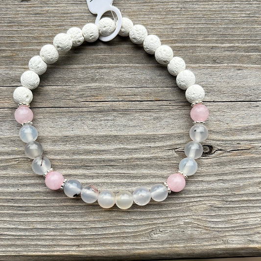 Scenic Agate, Rose Quartz and lava stone crystal bracelet - 7.5”.