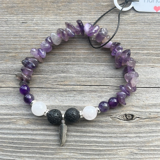 Rose Quartz, Amethyst and Lava Stone Crystal Bracelet - 7” feather