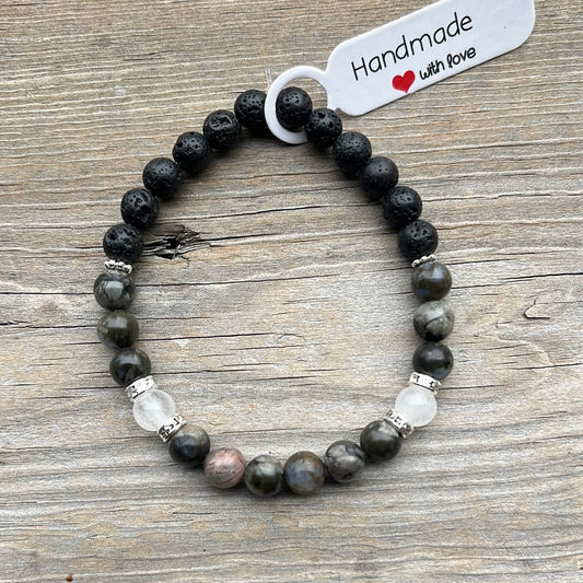 Glaucophane, white jade and lava stone crystal bracelet - 7”.