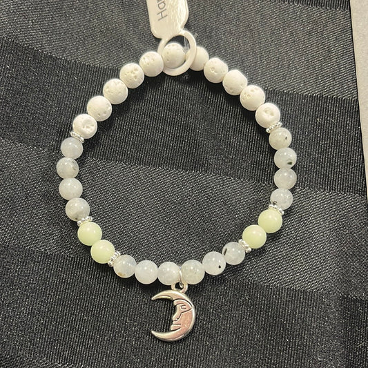 Moonstone, Glow-N-Dark Glass and lava stone crystal bracelet- 7” moon