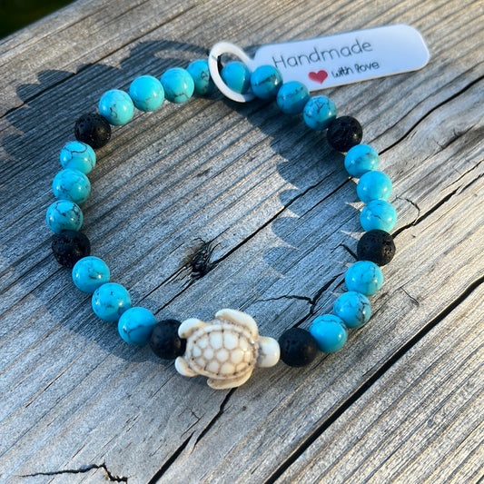 Turquoise and Lava Stone Crystal Bracelet - 7” turtle