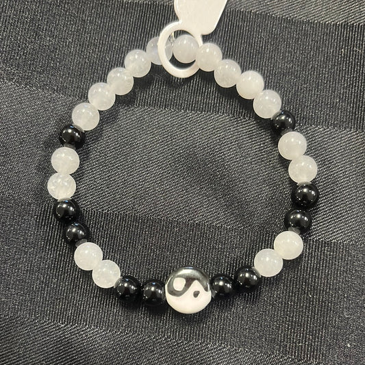 Black Agate and White Jade Crystal Bracelet - 7”.