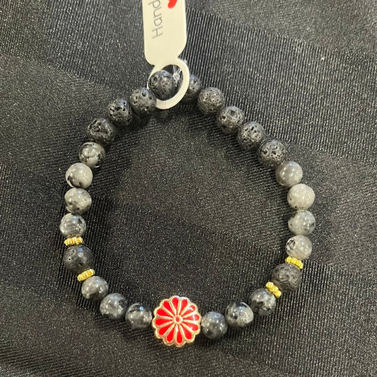 Labradorite and Lava Stone Crystal Bracelet - 7”.  Red flower