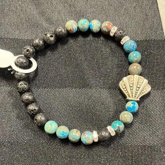 Chrysocolla and lava stone crystal bracelet - 7”. Silver seashell