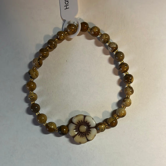 Picture Jasper crystal bracelet - 7.5” beige and brown flower
