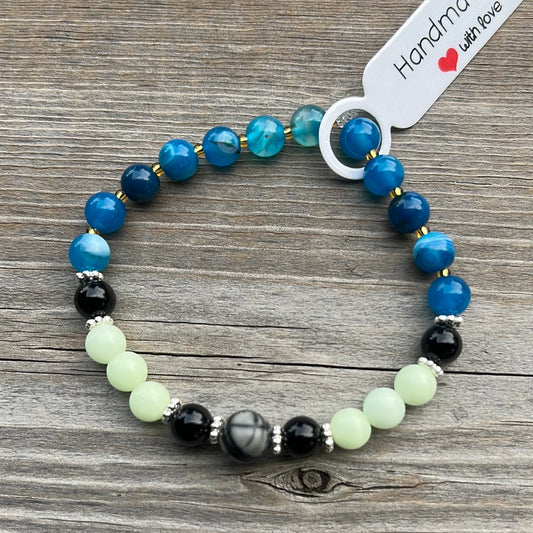 Jasper, glow in the dark glass, lava stone and agate crystal bracelet - 6.5”.