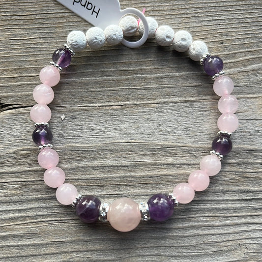 Rose Quartz, Amethyst and Lava Stone Crystal Bracelet - 7.5”.