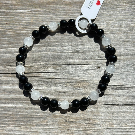 Black agate and snow quartz crystal bracelet - 7.5”