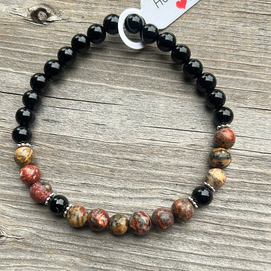 Leopard skin Jasper and black agate crystal bracelet - 7.5”.