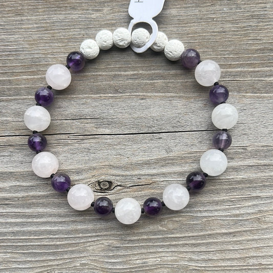 Amethyst, Rose Quartz and Lava stone crystal bracelet - 7 1/4”.