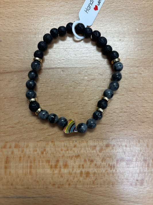 Larvikite and lava stone crystal bracelet - 7.5” pride heart