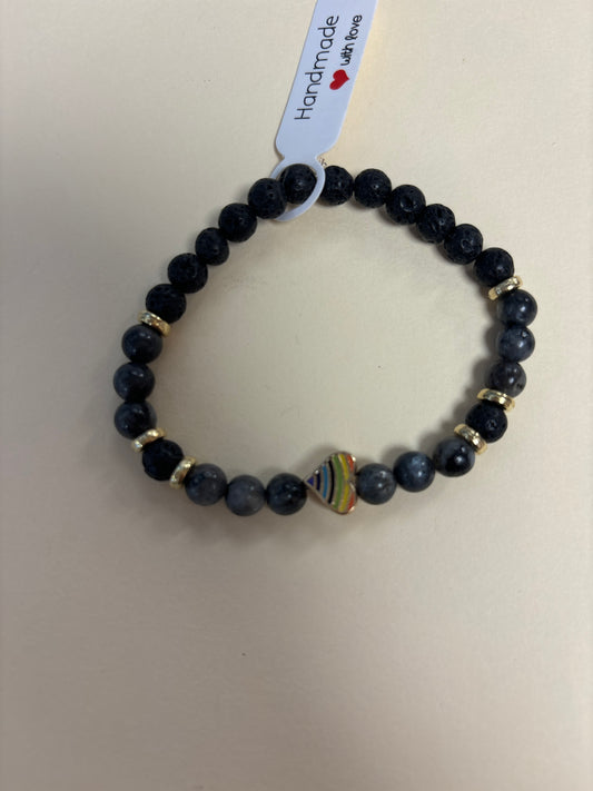 Larvikite and lava stone crystal bracelet - 7”. Pride heart
