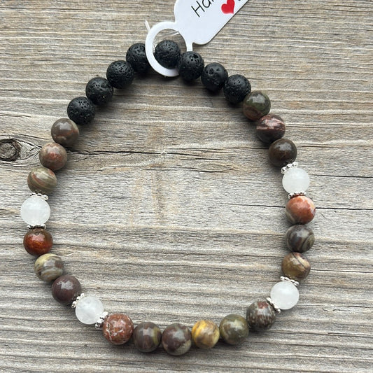 Flower agate, white jade and lava stone crystal bracelet - 7.5”.