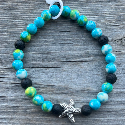 Ocean Jade and Lava Stone Crystal Bracelet - 7.5” starfish