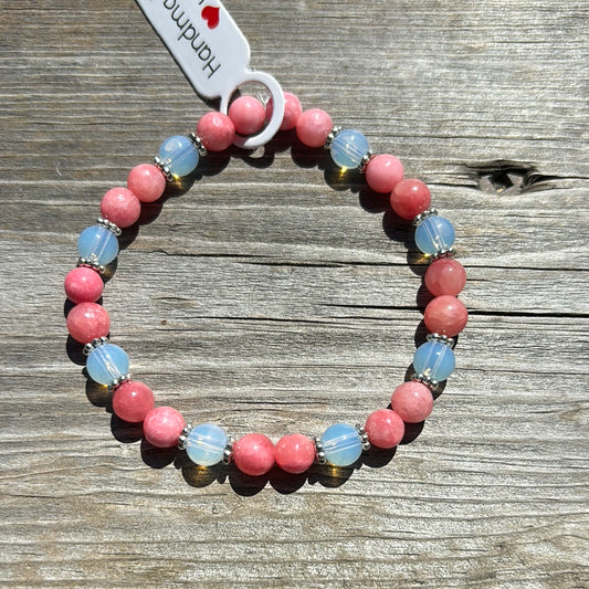 Pink quartzite and opalite crystal bracelet - 7”