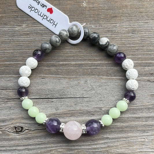 Rose Quartz, Amethyst, glow in the dark glass, lava stone and Mapstone crystal bracelet - 7”
