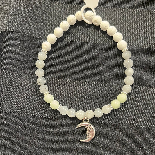 Moonstone, Glow-N-Dark Glass and lava stone crystal bracelet- 7.5” moon