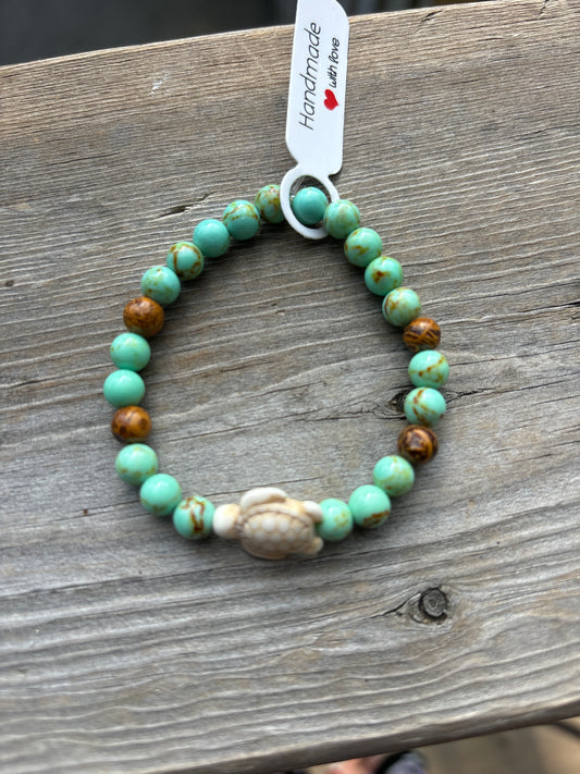 Turquoise and elephant jasper crystal bracelet - 6.5” white turtle
