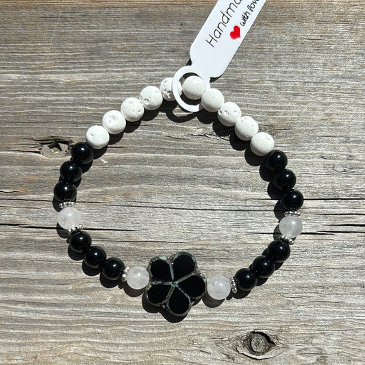 Black agate, snow quartz and lava stone crystal bracelet - 7” black flower