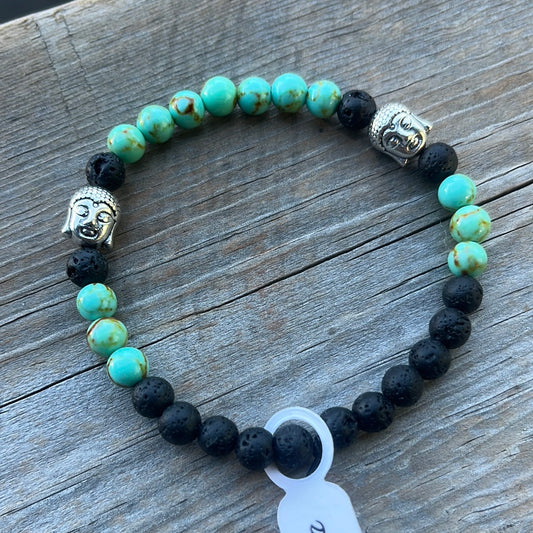 Turquoise and Lava Stone Crystal Bracelet- 7.5” Buddha heads