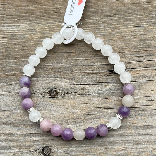 Purple Mica and white jade crystal bracelet - 7”.
