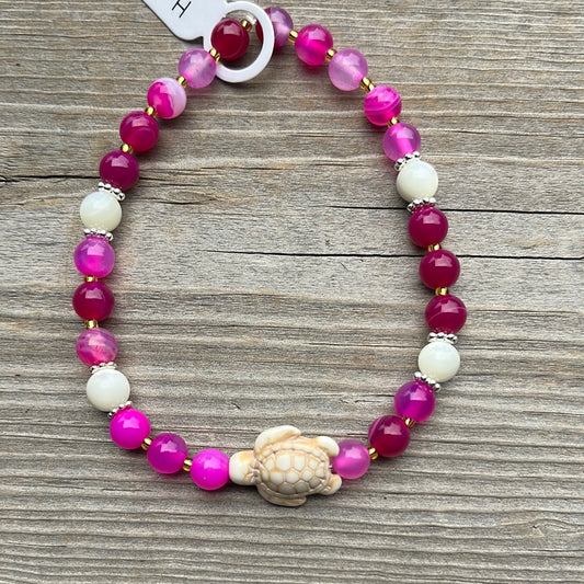Agate, Mother of Pearl and Turquoise turtle crystal bracelet - 7.5”. Turtle