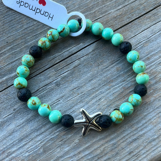 Turquoise and Lava Stone Crystal Bracelet- 7”