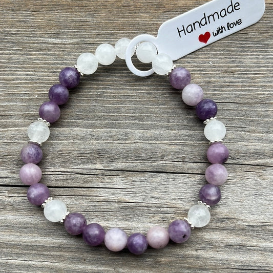 Purple Mica and white jade crystal bracelet - 7”.