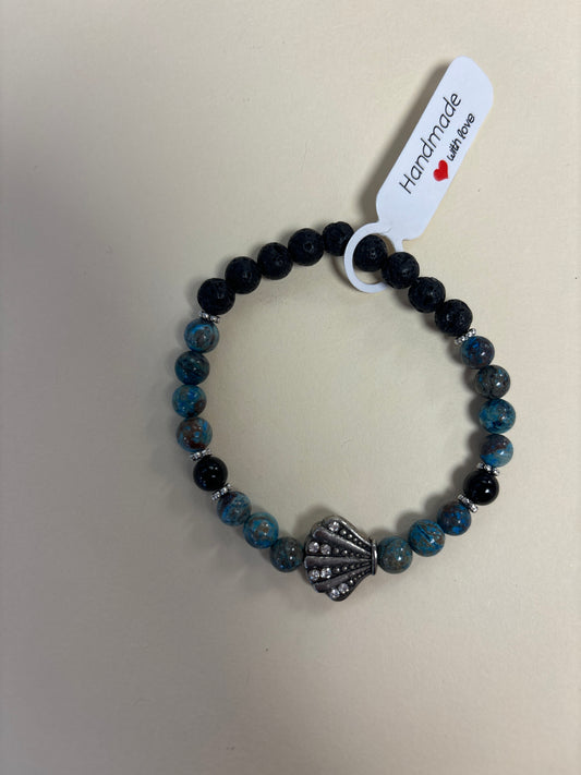 Chrysocolla, black agate and lava stone crystal bracelet - 7” silver seashell