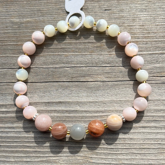 Sunstone and Mother of Pearl Crystal Bracelet - 7.5”