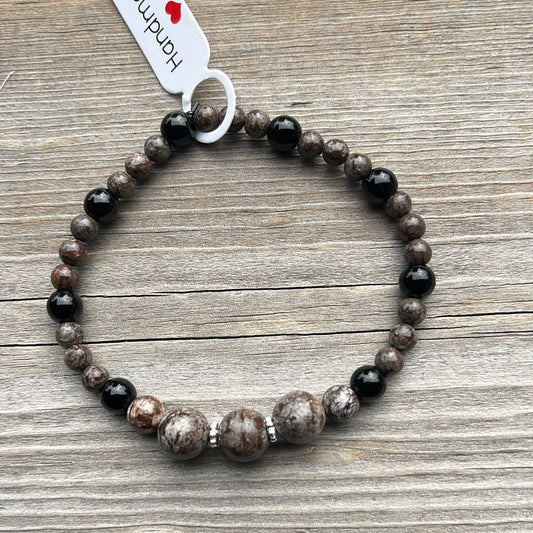 Obsidian Snowflake and Jasper Crystal Bracelet - 7”