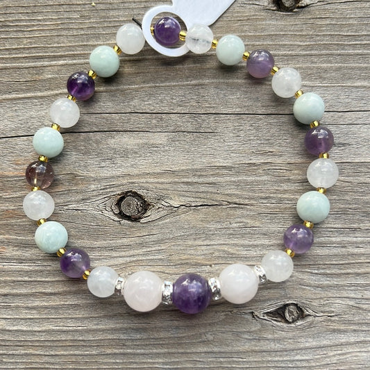 Amethyst, Rose Quartz and Aquamarine Crystal Bracelet-7”.