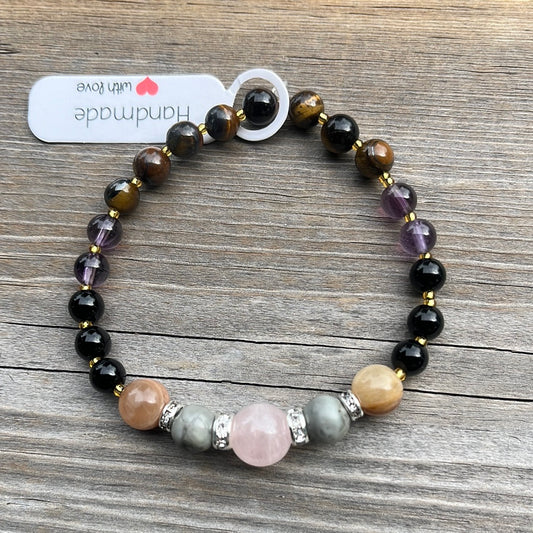 Rose Quartz, Jasper, Sunstone, Amethyst and Tiger Eye Crystal Bracelet - 7”
