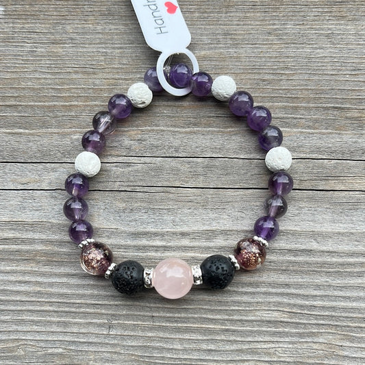 Rose Quartz, Lava Stone, glow glass and Amethyst Crystal Bracelet - 6.5”