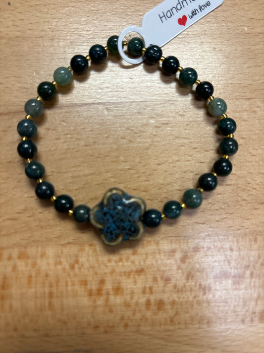 Moss agate crystal bracelet - 7.5” green/blueish ceramic flower