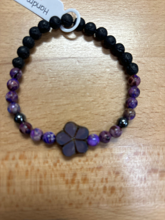 Imperial jasper, hematite and lava stone crystal bracelet- 7.5” purple flower
