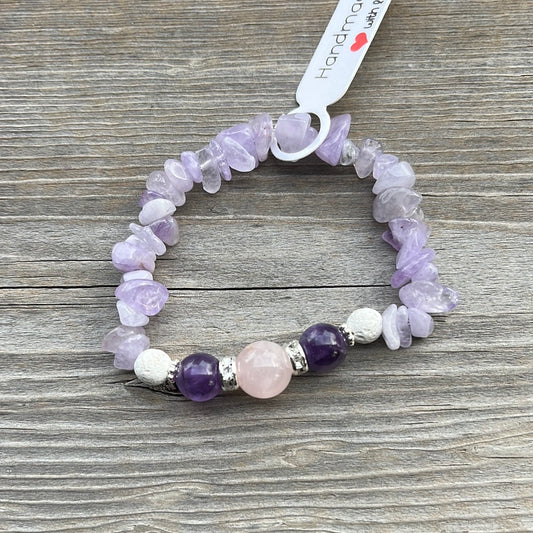 Rose Quartz, Amethyst, Lava Stone and Jade Crystal Bracelet - 6.5”