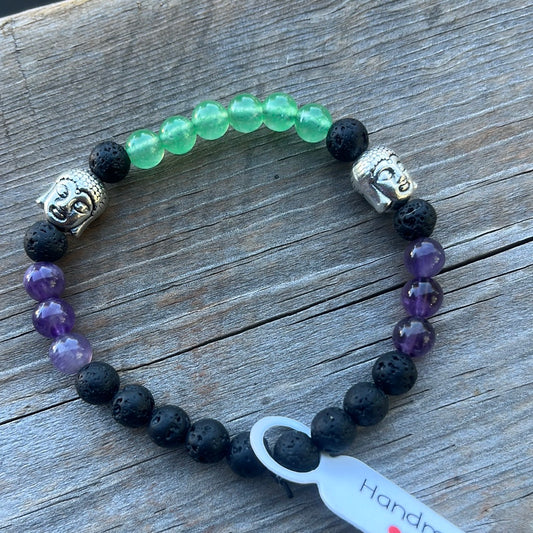 Aventurine, Amethyst and Lava Stone Crystal Bracelet -7”. Buddha beads
