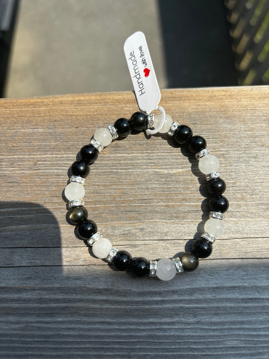 Obsidian and white jade crystal bracelet - 7.5”