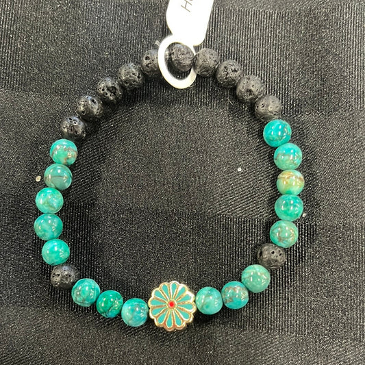 Dark Cyan Marble and Lava Stone Crystal Bracelet - 7.5” green flower